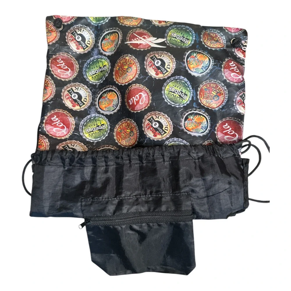 Vintage Reebok Black Multicolor Beverage Caps Print Drawstring Bag
